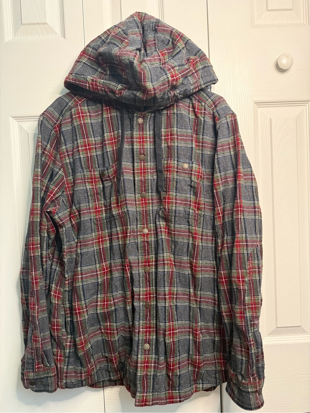 L.L. Bean Hooded Plaid Shirt Jacket - Gray & Red